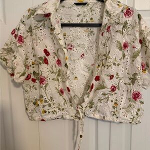 Zara White Eyelet Floral Tie-Front Button Down Top
